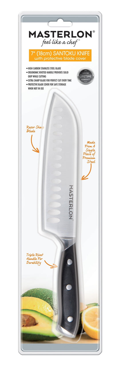 MASTERPAN Essential Chef’s Knife Bundle - 8" Chef’s Knife, 8" Slicer Knife & 7" Santoku Knife - Stainless Steel Blades with Protective Covers