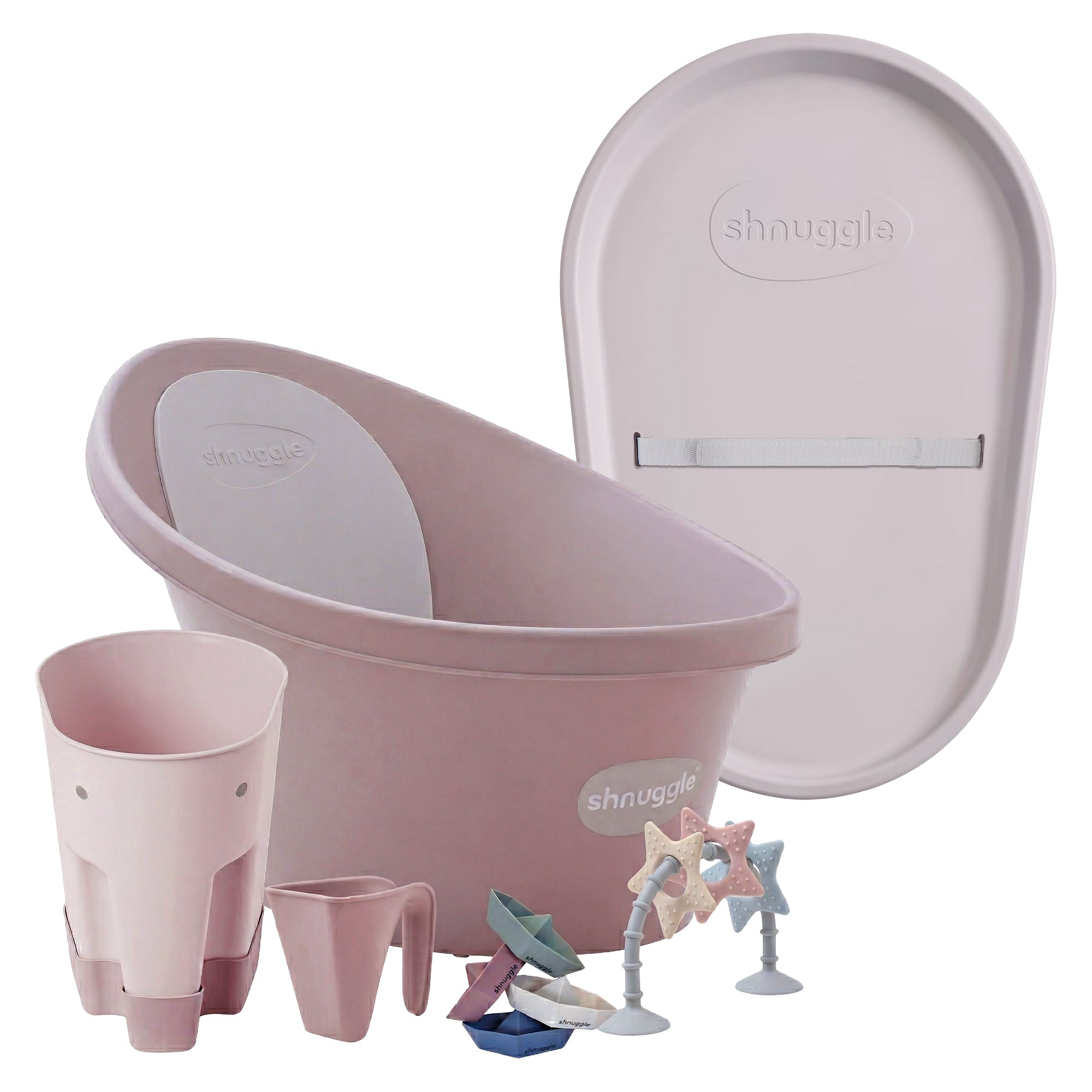 Shnuggle Bathtime Essentials Bundle | Baby Bath, Rinse Jug, Ellie Toy Scoop, Toy Boats & Squishy Changing Mat - Taupe