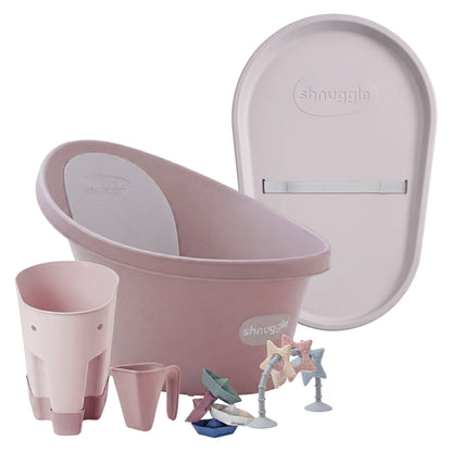 Shnuggle Bathtime Essentials Bundle | Baby Bath, Rinse Jug, Ellie Toy Scoop, Toy Boats & Squishy Changing Mat - Taupe