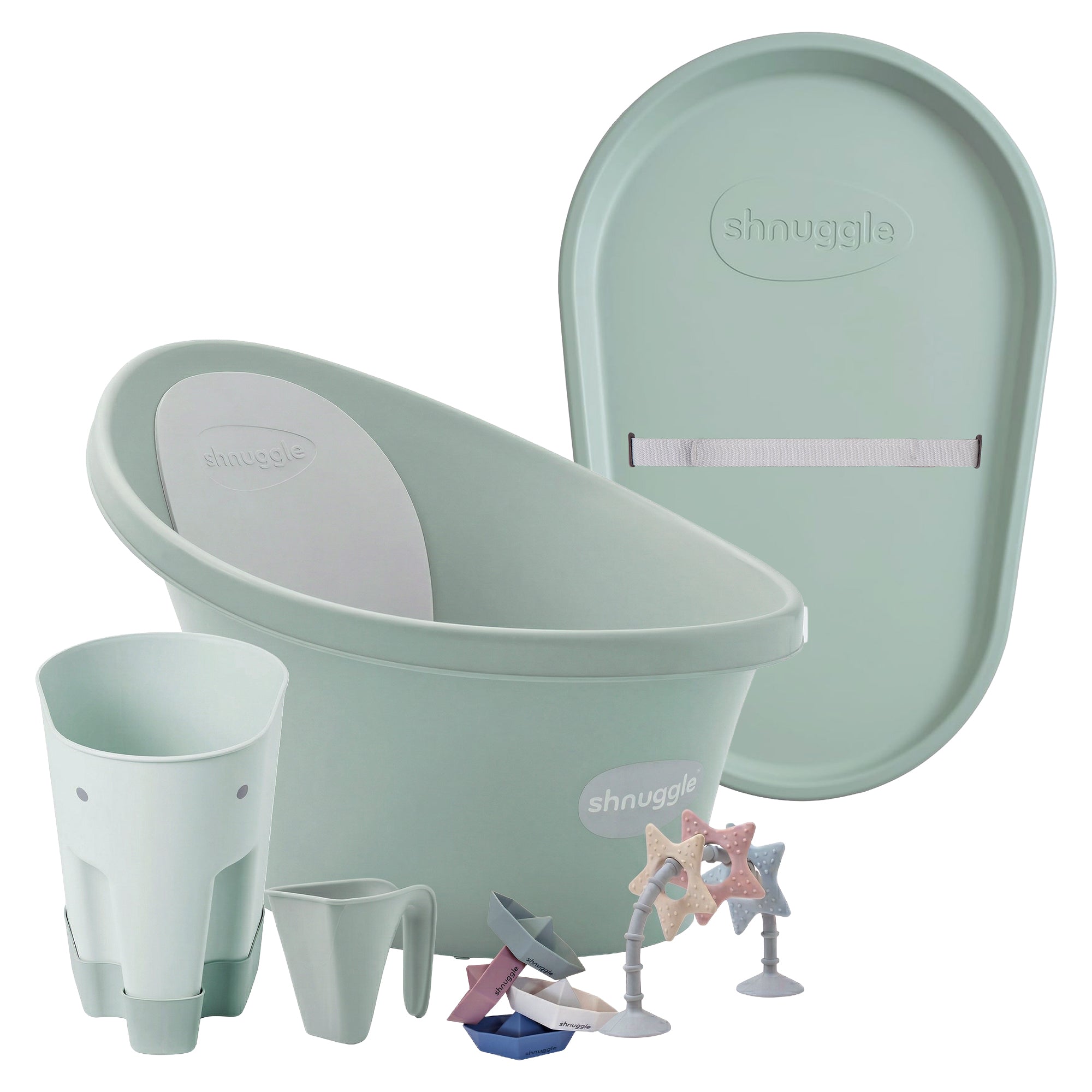 Shnuggle Bathtime Essentials Bundle | Baby Bath, Rinse Jug, Ellie Toy Scoop, Toy Boats & Squishy Changing Mat - Taupe