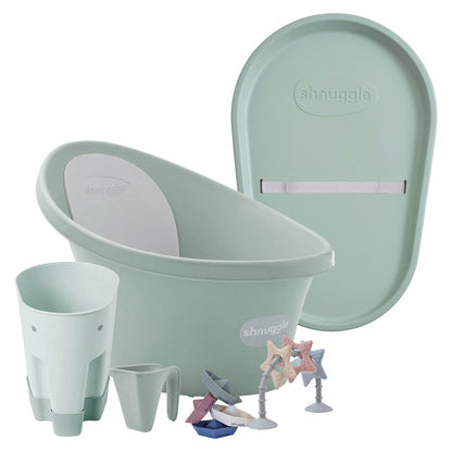 Shnuggle Bathtime Essentials Bundle | Baby Bath, Rinse Jug, Ellie Toy Scoop, Toy Boats & Squishy Changing Mat - Taupe