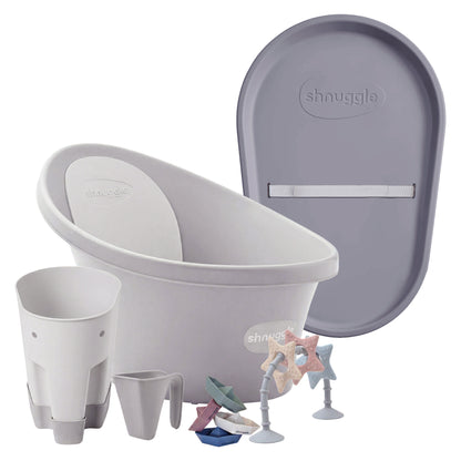 Shnuggle Bathtime Essentials Bundle | Baby Bath, Rinse Jug, Ellie Toy Scoop, Toy Boats & Squishy Changing Mat - Taupe