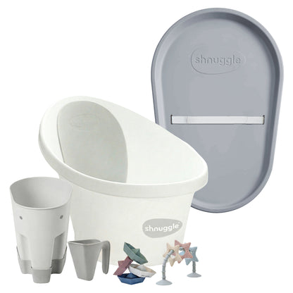 Shnuggle Bathtime Essentials Bundle | Baby Bath, Rinse Jug, Ellie Toy Scoop, Toy Boats & Squishy Changing Mat - Taupe