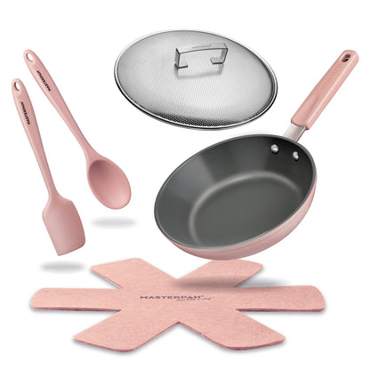 MASTERPAN Ceramic Nonstick Stovetop Oven Frypan & Skillet & Stainless Steel Lid Set, Clay Color 9.5"(24cm)