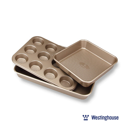 Baking Pan Set, Carbon Steel, 3-pc (Squre Pan, Muffin Pan + Rectangle Deep Tray)